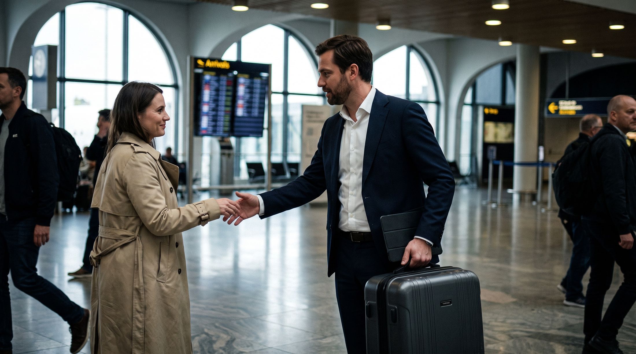 Chauffeur prenant en charge la valise d'un voyageur en zone d'arrivée de l'aéroport Lyon Saint-Exupéry
