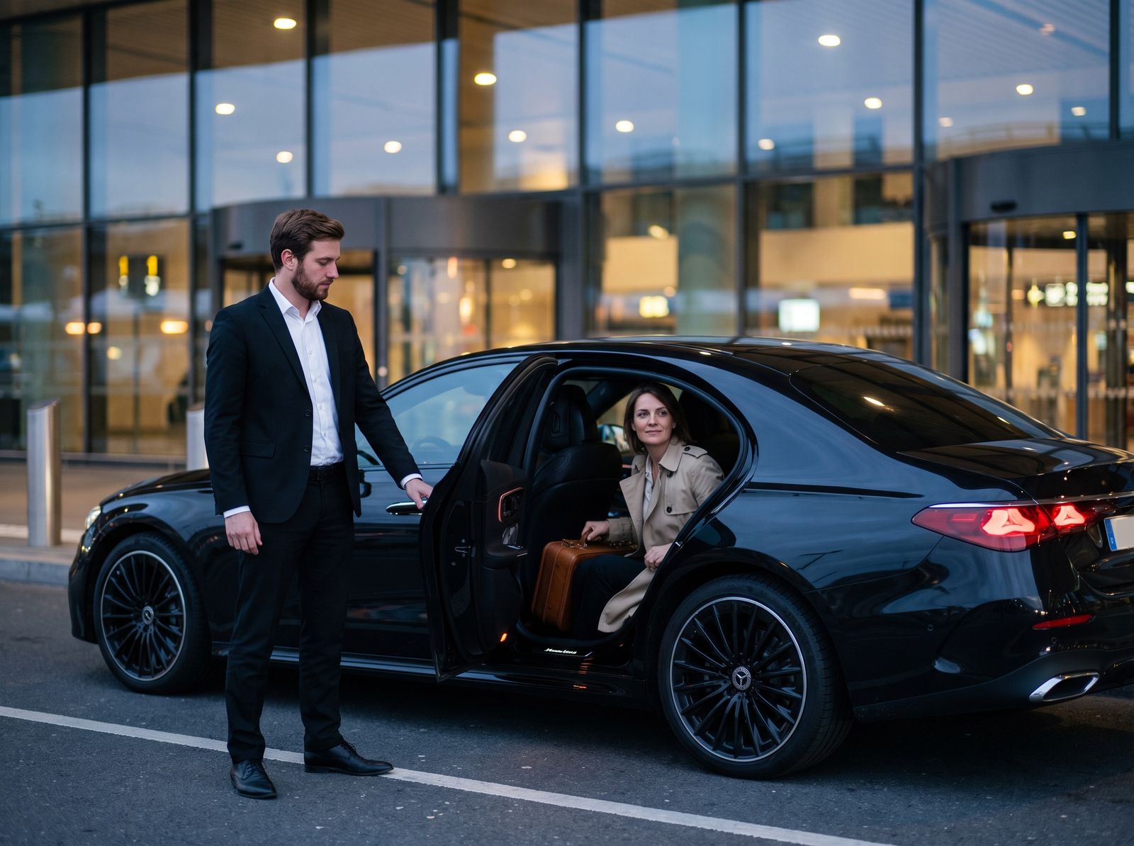 Chauffeur tenant la portière d'une berline noire au dépose-minute de l'aéroport, une voyageuse détendue avec sa valise cabine