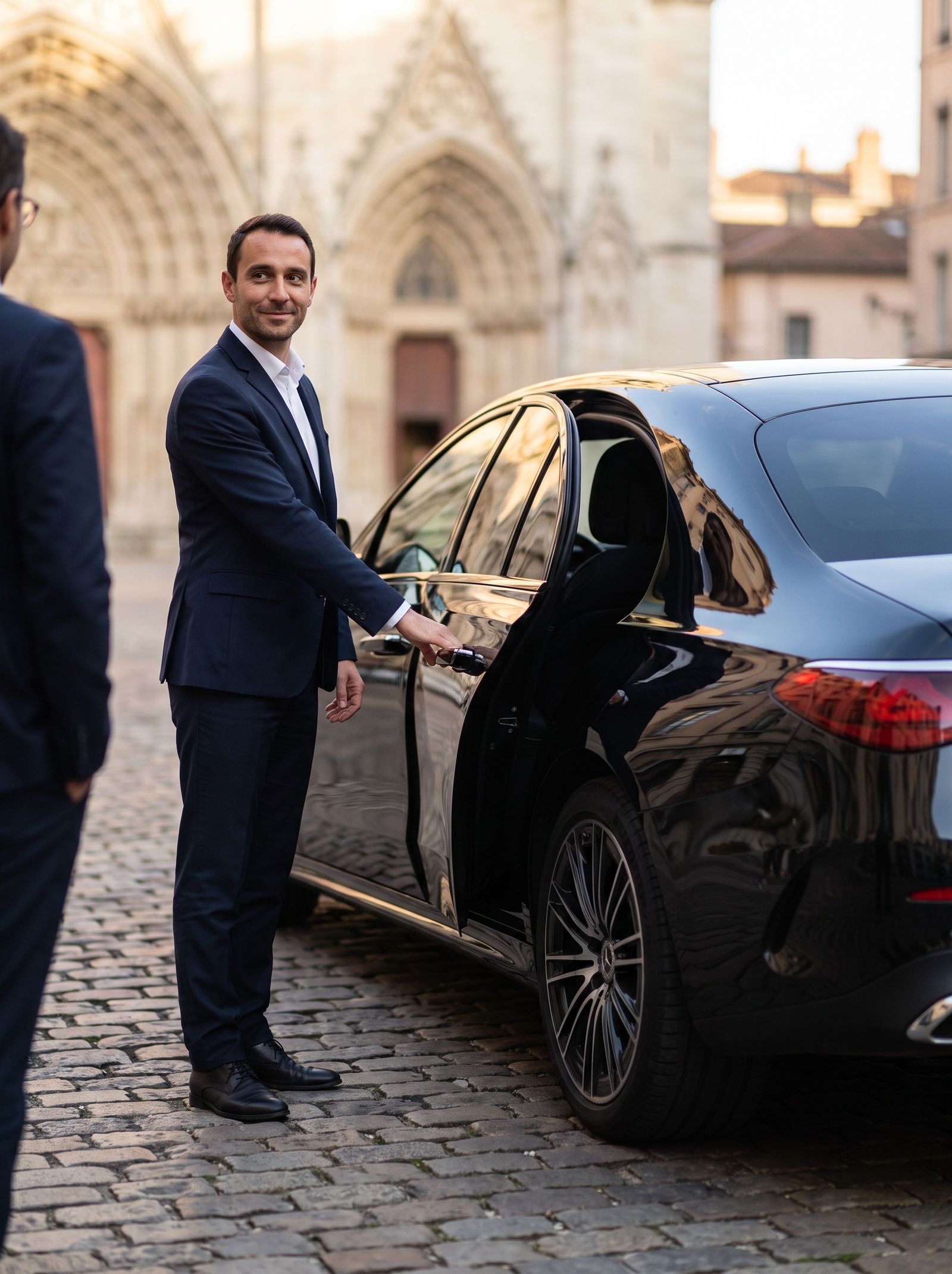 Chauffeur en costume sombre tenant la portière arrière d'une berline
