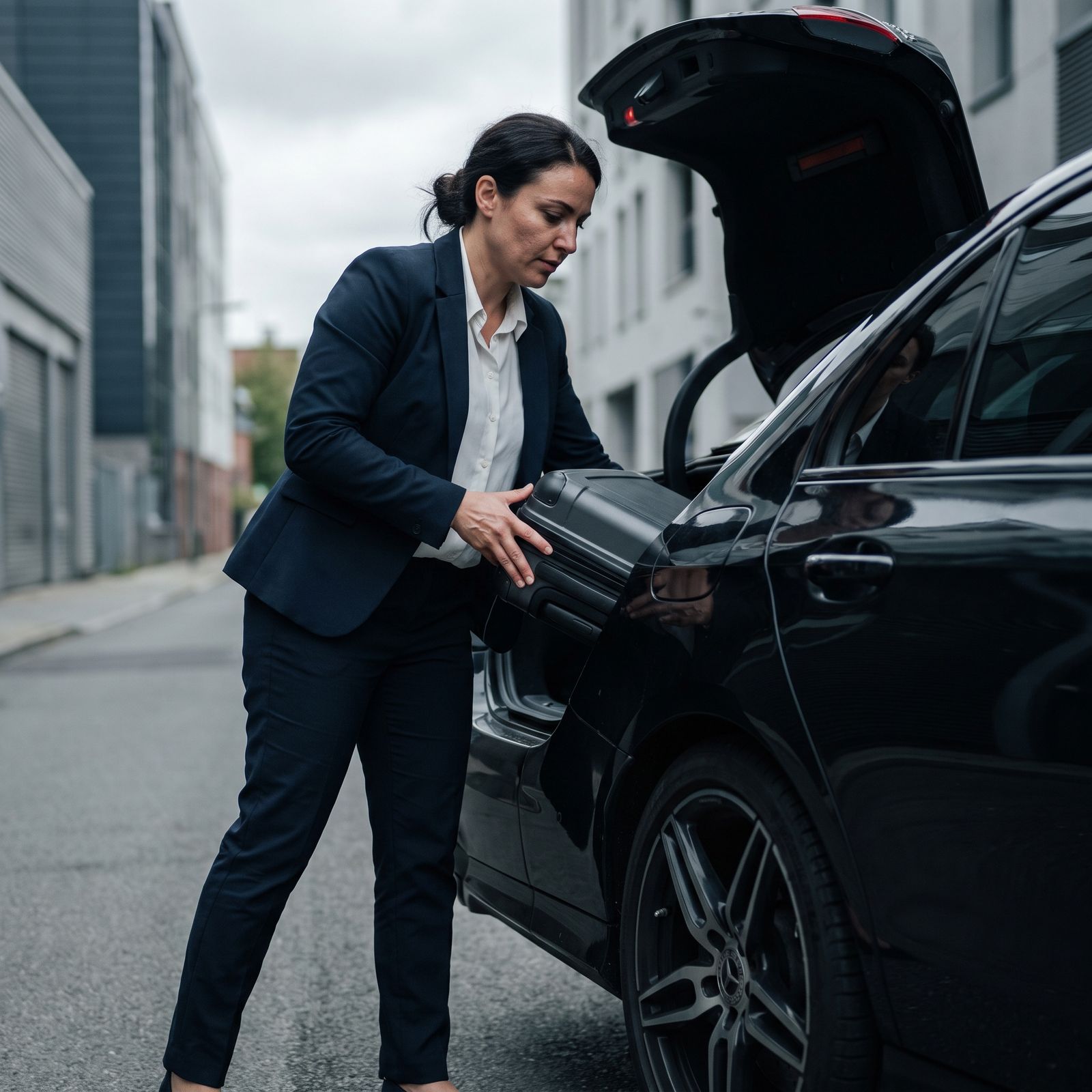 Chauffeur chargeant une valise dans le coffre d'une berline