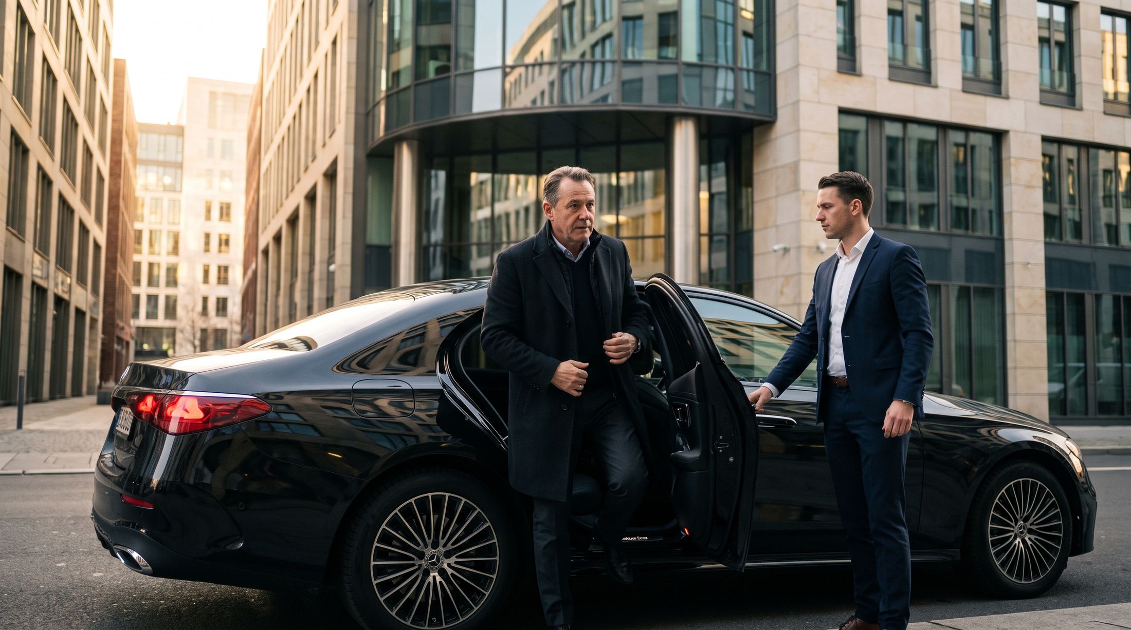 Un cadre descend d'une berline noire devant un immeuble de bureaux à Lyon, le chauffeur tient la portière