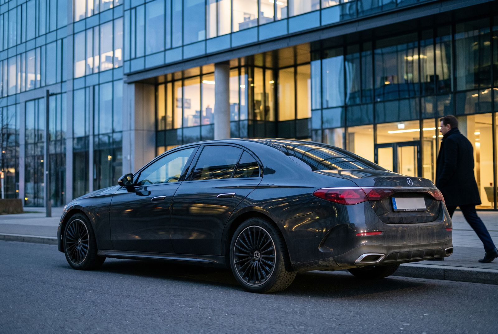Berline premium noire, vue de trois quarts arrière, devant un immeuble de bureaux