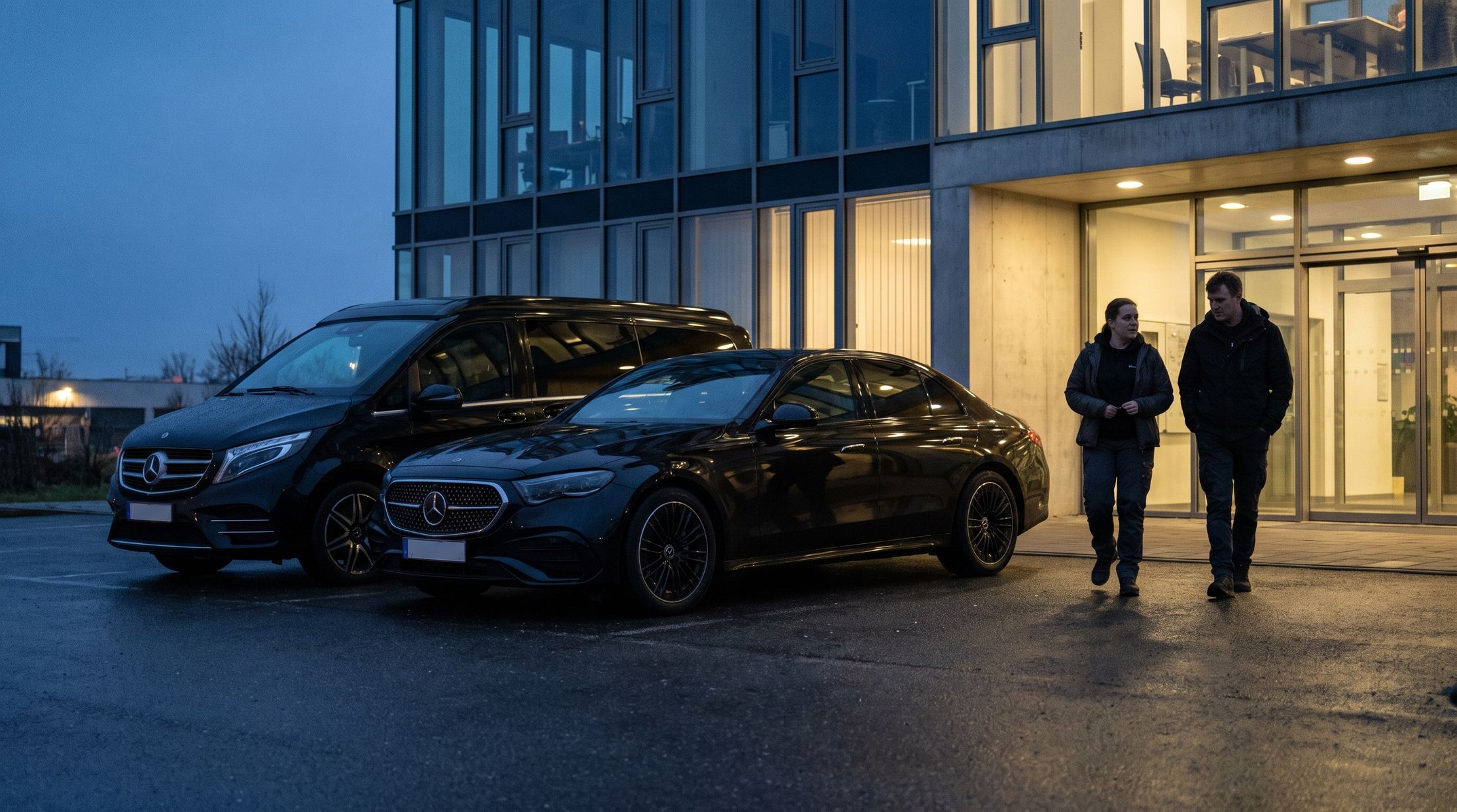 Van et berline premium noirs alignés devant un bâtiment moderne, au crépuscule