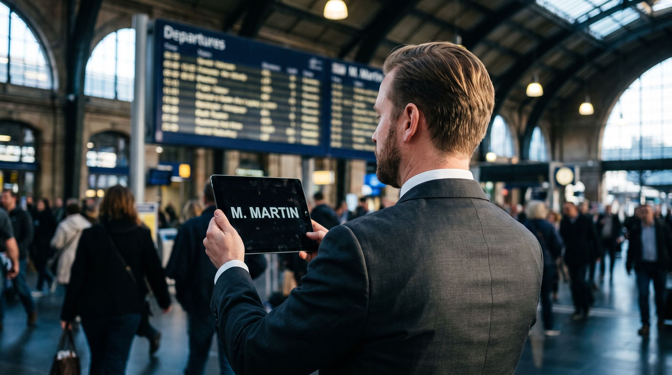 Chauffeur privé attendant dans le hall de la gare Lyon Part-Dieu