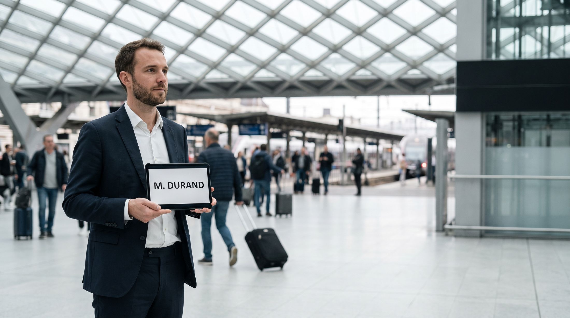 Accueil d'un passager avec pancarte dans le hall de la gare Part-Dieu